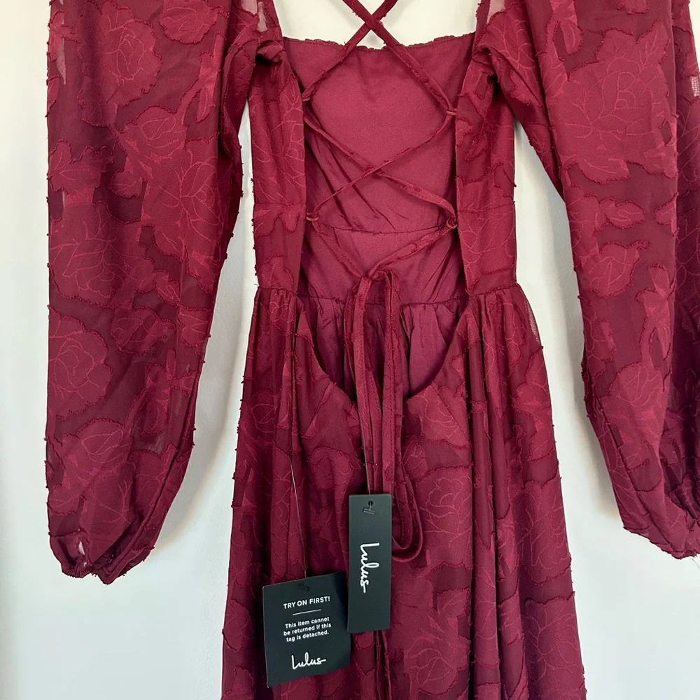 Lulus Burgundy Floral Long Sleeve Lace-Up Back Midi Dress - Picture 8 of 8